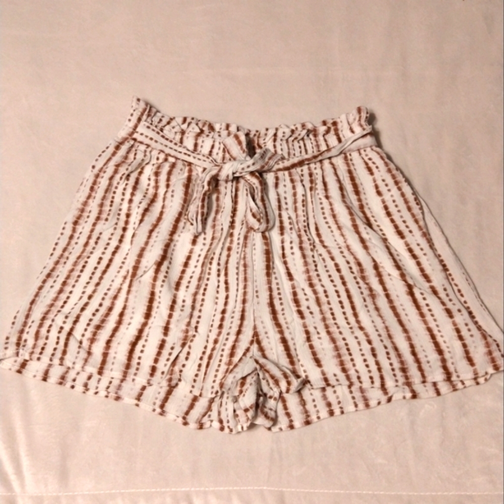 Staccato White Striped High Waist Paper Bag Shorts with Waist Tie